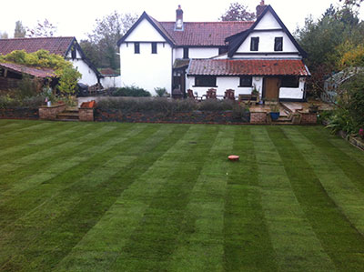 Turf large lawn looking towards house and patio. Green, fresh, stripey, turf lawn.